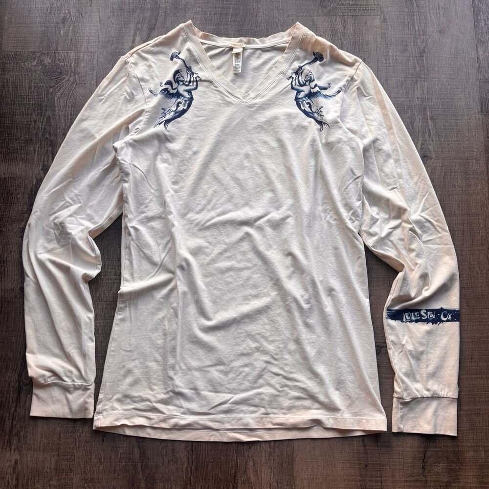 Diesel Long Sleeve V-Neck Graphic Tee Angel Hammer Print and Sleeve Logo Size L